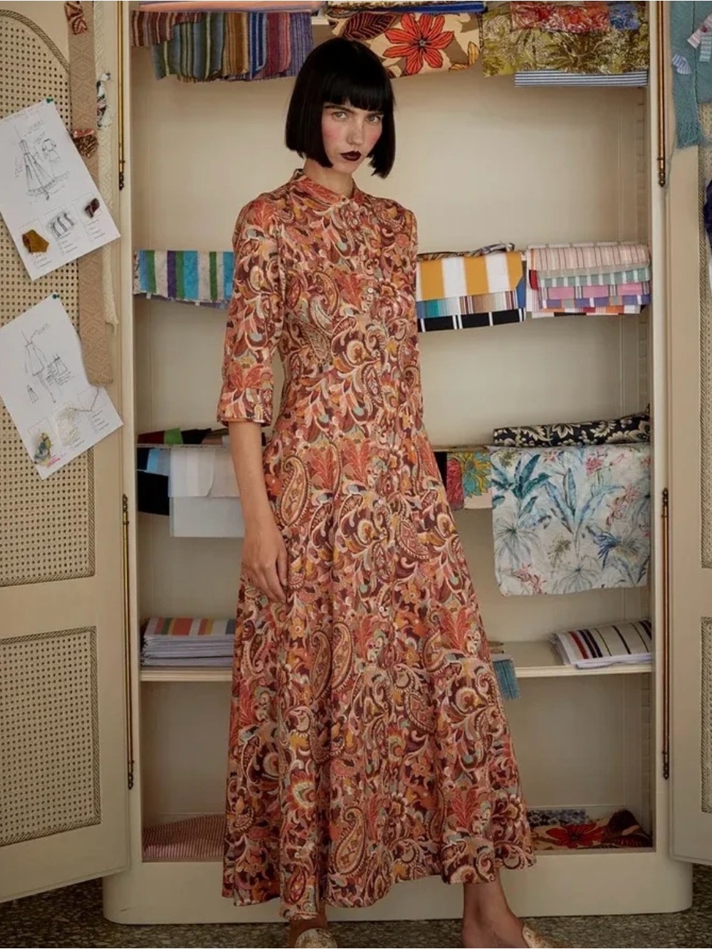 NWT Evi Grintela Size M Carine Shirt Midi Dress Rust Paisley Print 100% Cotton